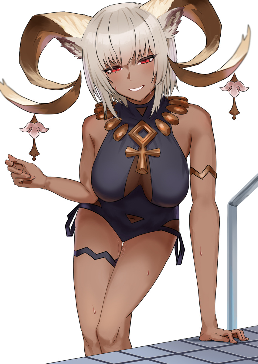 :d animal_ears ankh arknights arm_support armlet bare_shoulders black_one-piece_swimsuit breasts carnelian_(arknights) carnelian_(shining_dew)_(arknights) casual_one-piece_swimsuit cleavage covered_navel dark-skinned_female dark_skin gino goat_ears goat_girl goat_horns grey_hair grin hanging_breasts highres horns jewelry large_breasts leaning_forward looking_at_viewer necklace official_alternate_costume one-piece_swimsuit parted_lips pool_ladder red_eyes short_hair simple_background smile swimsuit thigh_gap thigh_strap tile_floor tiles wet white_background