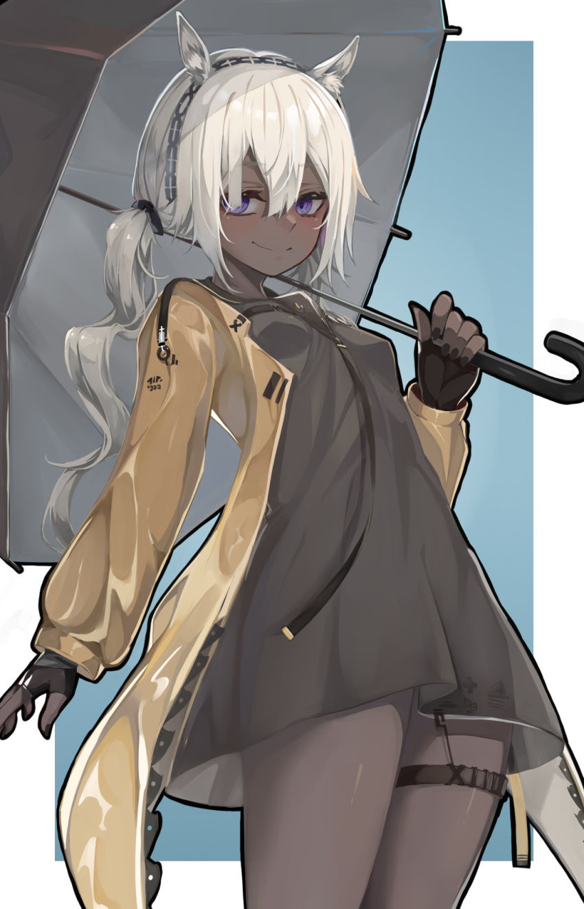 1girl animal_ears arknights black_dress black_gloves black_nails blue_background blush breasts dark-skinned_female dark_skin dress fingerless_gloves gloves hair_between_eyes highres holding holding_umbrella idashige_(walkietalkie) jacket long_hair looking_at_viewer open_clothes open_jacket purple_eyes side_ponytail simple_background small_breasts smile solo thighs tuye_(arknights) umbrella white_hair yellow_jacket