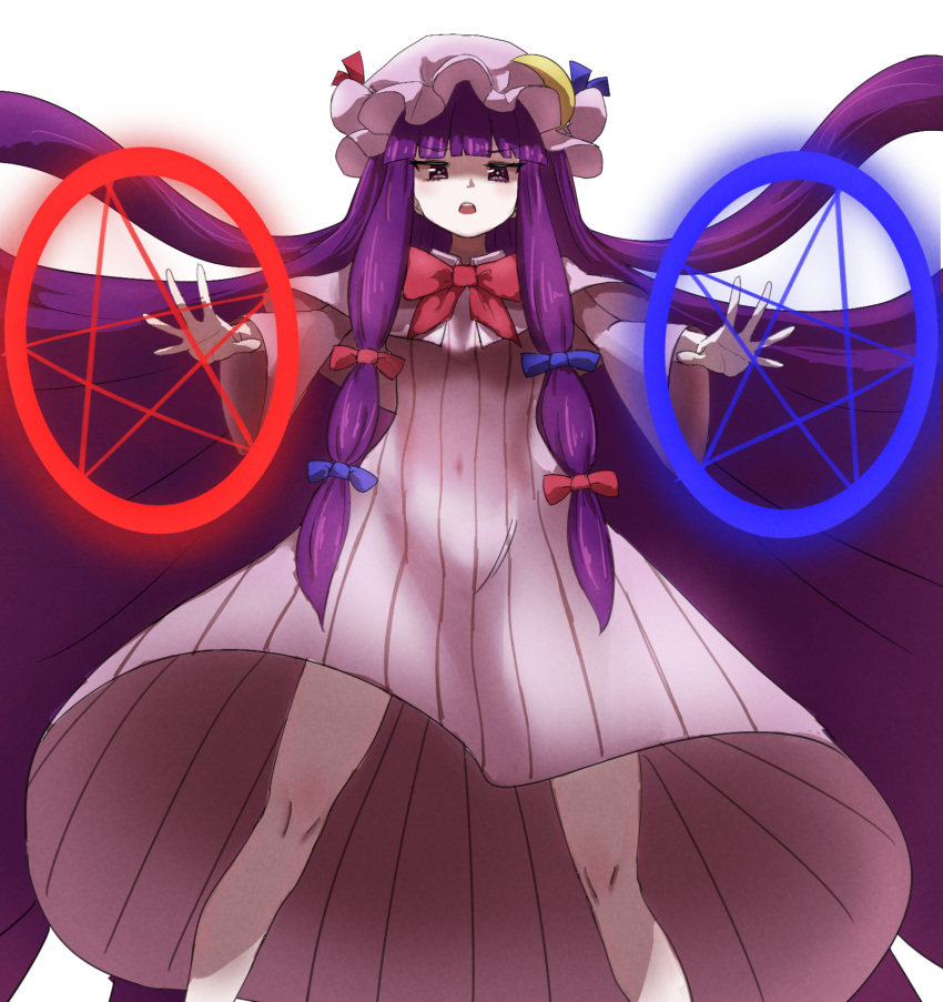 1girl absurdly_long_hair alinoce716 blue_bow blue_ribbon blunt_bangs bow bowtie capelet commentary_request covered_navel crescent crescent_hat_ornament dress hair_bow hat hat_ornament hat_ribbon highres long_hair looking_at_viewer magic_circle mob_cap open_mouth outstretched_arms patchouli_knowledge purple_eyes purple_hair red_bow red_bowtie red_ribbon ribbon shaded_face simple_background solo spread_arms striped striped_dress touhou vertical-striped_dress vertical_stripes very_long_hair white_background wide_sleeves