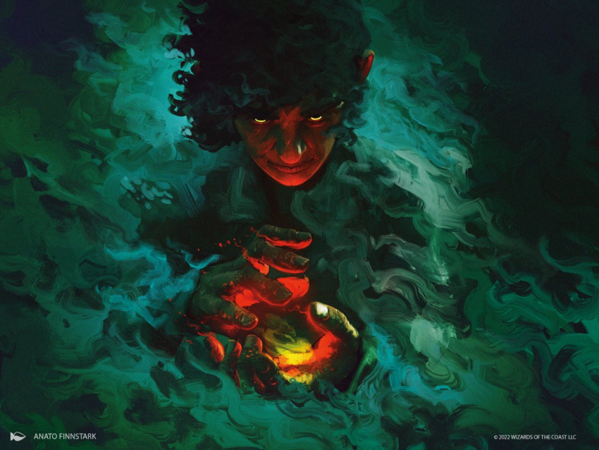 1boy 2022 anato_finnstark artist_name black_hair commentary copyright curly_hair dated english_commentary evil_smile frodo_baggins glowing glowing_jewelry jewelry kubrick_stare looking_at_viewer looking_up ring short_hair smile solo the_lord_of_the_rings the_one_ring tolkien's_legendarium yellow_eyes