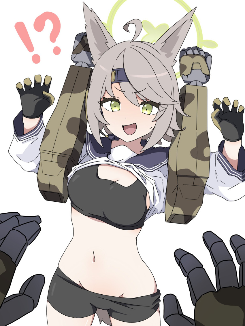 !? 1girl ahoge animal_ears bike_shorts blue_archive breasts clothes_lift gloves green_eyes grey_hair groin halo highres locked_arms long_sleeves maid_headdress navel open_mouth otogi_(blue_archive) restrained robot sailor_collar shirt shirt_lift short_hair simple_background small_breasts solo sports_bra sweatdrop tail uni_gyoza white_background white_shirt