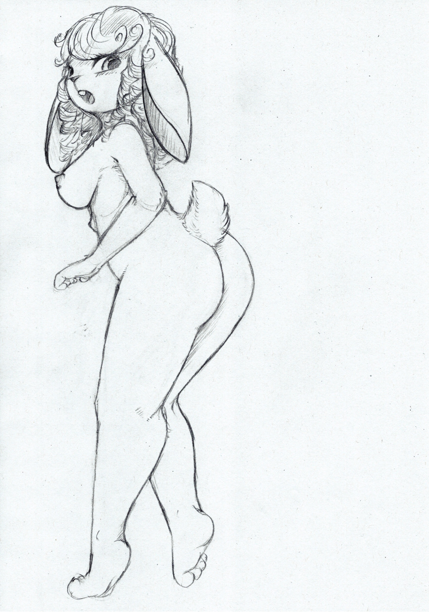 absurd_res anthro big_ears blush breasts buckteeth butt curled_hair feet female floppy_ears hair hi_res lagomorph leporid lina-chan_(yang738) mammal nipples rabbit rear_view small_tail solo standing tail teeth traditional_media_(artwork) yang_(artist)