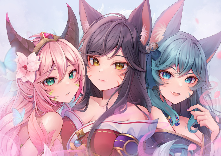 3girls ahri_(league_of_legends) animal_ears black_hair blue_butterfly blue_eyes blue_hair breasts bug butterfly cleavage closed_mouth collarbone earrings elderwood_ahri fang fingernails flower fox_ears fox_girl green_eyes hair_between_eyes hair_flower hair_ornament highres jewelry large_breasts league_of_legends long_hair looking_at_viewer momoirone multiple_girls multiple_persona nail_polish official_alternate_costume official_alternate_hairstyle open_mouth petals pink_hair purple_nails sidelocks smile spirit_blossom_(league_of_legends) spirit_blossom_ahri upper_body yellow_eyes