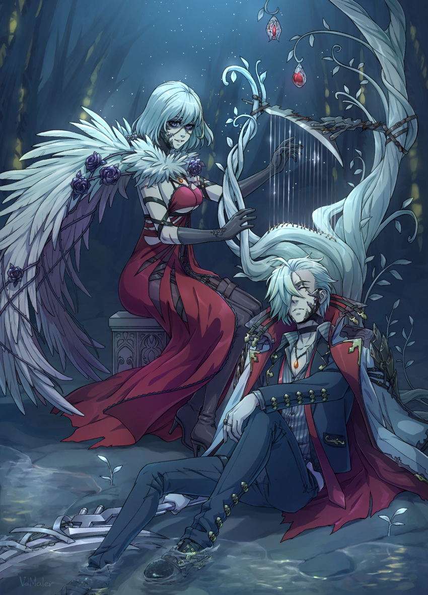 1boy 1girl blood_bead boots breasts cape code_vein collared_jacket colored_skin dress eva_roux feather_boa flower full_body gloves harp high_heel_boots high_heels highres holding holding_sword holding_weapon instrument jack_rutherford jacket jewelry loose_necktie medium_breasts multicolored_skin music necktie night one_eye_closed one_eye_covered pants pantyhose parted_lips pendant plant playing_instrument red_dress rose scar scythe shirt sitting sleeping smile sparkle striped striped_shirt sword thorns torn tree underboob vampire vdmaler vertical-striped_shirt vertical_stripes weapon