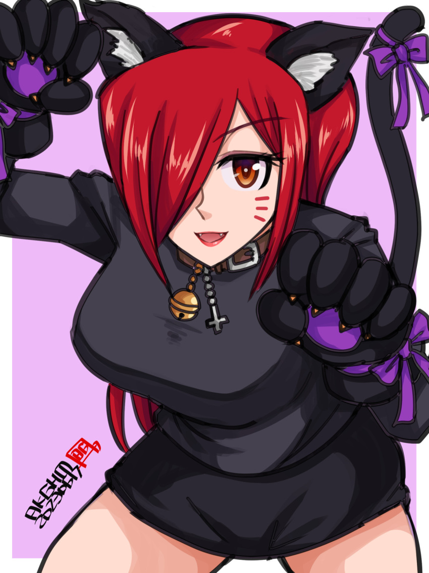 1girl animal_ears bell black_sweater breasts cat_ears cat_tail claw_pose collar cosplay fake_animal_ears fake_tail fang gloves hair_over_one_eye hamu_agaki highres jewelry looking_at_viewer miniskirt neck_bell necklace orange_eyes parasoul_(skullgirls) parted_bangs red_hair red_lips skirt skullgirls solo sweater tail turtleneck turtleneck_sweater