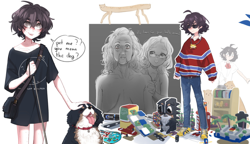 3girls :d absurdres animal belt black_belt black_shirt blind_girl's_dog_(popopoka) blind_girl_(popopoka) blue_sweater blush can cane cat_baguette_(popopoka) chris-chan collarbone denim deodorant dog english_text freckles full_body glasses highres holding holding_cane jeans jewelry long_hair multiple_girls necklace open_mouth original pants popopoka red_sweater shelf shirt smile sonichu speech_bubble standing sunglasses sweater sweater_tucked_in tongue tongue_out two-tone_sweater