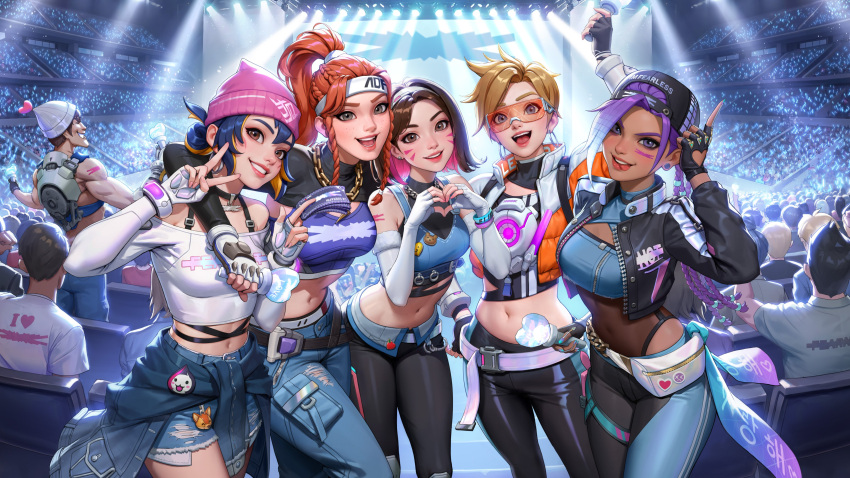 5girls absurdres arm_around_shoulder brigitte_(overwatch) brown_hair concept_art concert copyright_name cropped_jacket crowd d.va_(overwatch) fingerless_gloves gloves hat highres junkrat_(overwatch) kiriko_(overwatch) le_sserafim looking_at_viewer multiple_girls official_alternate_costume official_alternate_hairstyle official_art official_wallpaper overwatch overwatch_2 sombra_(overwatch) stadium tracer_(overwatch) v