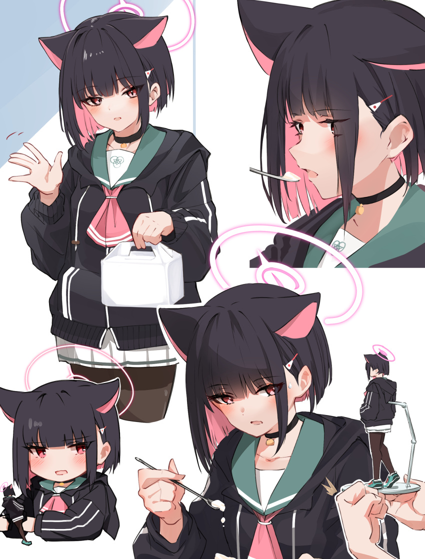 1girl absurdres animal_ears black_choker black_hair black_jacket black_pantyhose blue_archive blush cat_ears choker colored_inner_hair exiadoon eyes_visible_through_hair halo highres hood hooded_jacket jacket kazusa_(blue_archive) long_sleeves looking_at_viewer multicolored_hair multiple_views open_mouth pantyhose pink_hair pink_halo pleated_skirt red_eyes short_hair simple_background skirt spoon white_background white_skirt