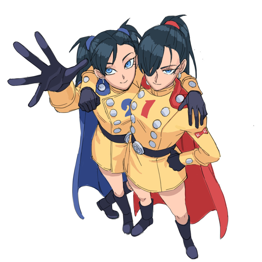 2girls arm_around_shoulder belt black_gloves blue_cape blue_eyes cape commentary dragon_ball dragon_ball_super dragon_ball_super_super_hero earrings english_commentary from_above full_body gamma_1 gamma_2 genderswap genderswap_(mtf) gloves hair_over_one_eye hand_on_own_hip highres humanization jenxd_d jewelry long_hair looking_up multiple_girls outstretched_hand ponytail red_cape simple_background skirt smile twintails white_background