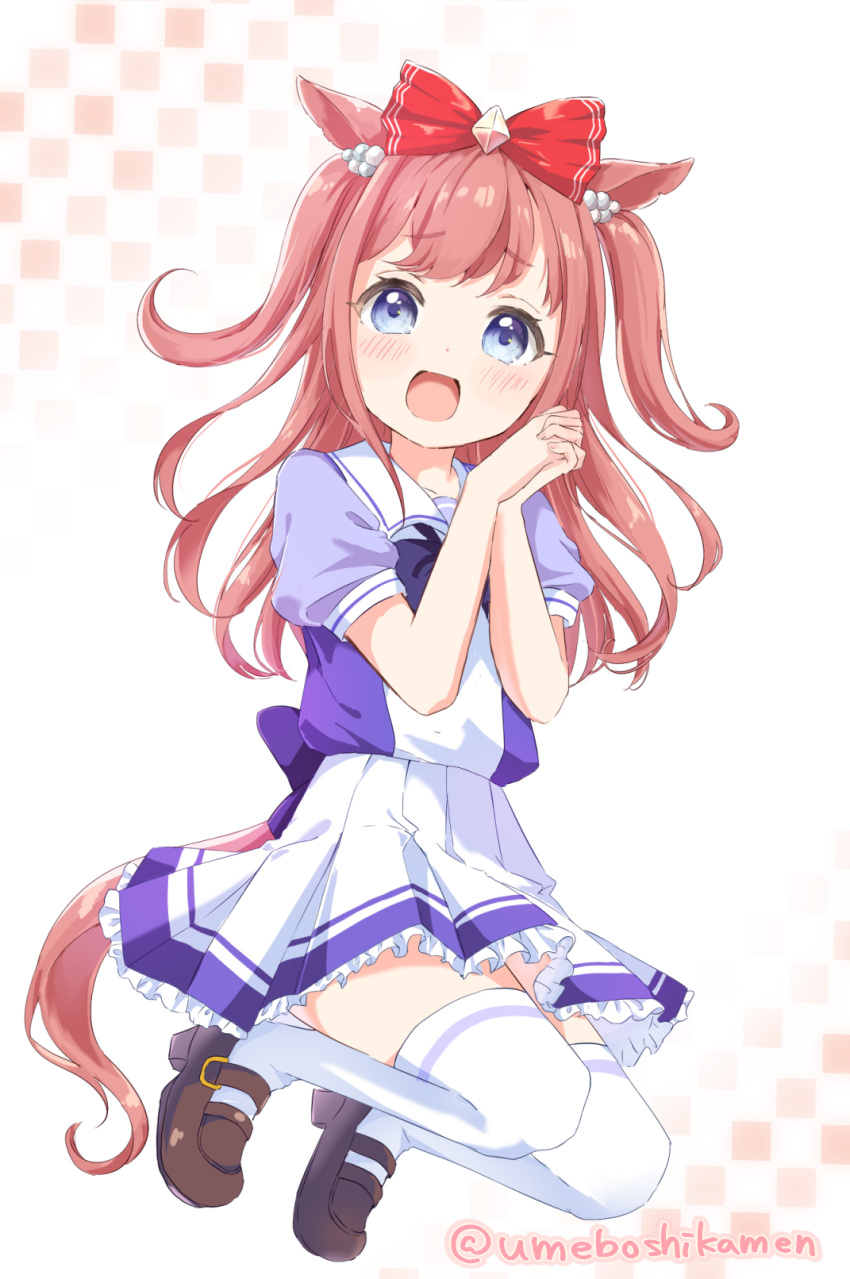 1girl agnes_digital_(umamusume) animal_ears blue_eyes blush bow collarbone commission full_body hair_between_eyes hair_bow hair_ornament highres horse_ears horse_girl horse_tail looking_at_viewer mearian open_mouth own_hands_together pink_hair ribbon school_uniform simple_background skeb_commission solo tail thighhighs tracen_school_uniform umamusume