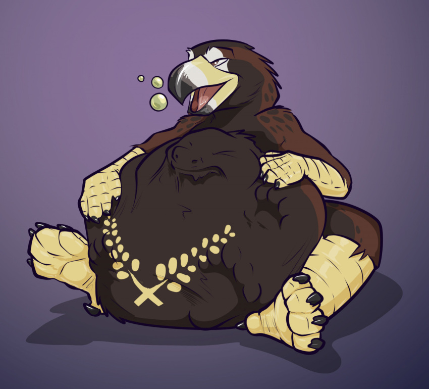 4_toes 5_fingers abdominal_bulge accipitrid accipitriform akudrache anthro avian avian_feet beak bird black_claws brown_body brown_eyes claws eagle feathers feet fingers golden_eagle male multicolored_beak pink_tongue sitting solo toes tongue true_eagle vore