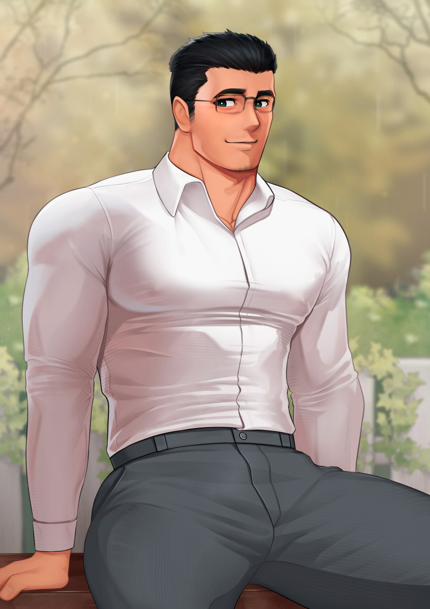 1boy absurdres bara black_hair closed_mouth collared_shirt day glasses grey_pants highres large_pectorals male_focus mikicat muscular muscular_male original outdoors pants pectorals shirt short_hair smile solo white_shirt