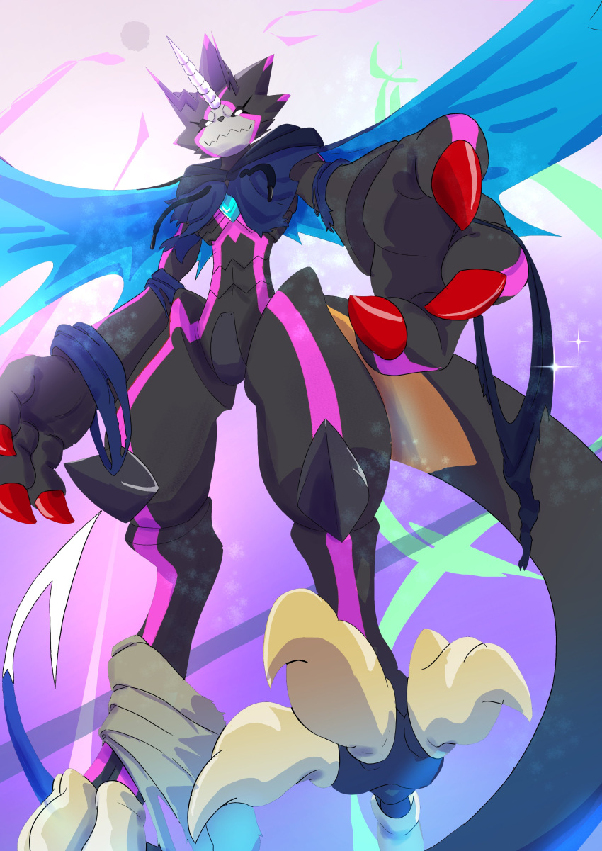 absurd_res anthro bandai_namco black_body black_sclera cape claws clothing digimon digimon_(species) gulusgammamon hi_res hoodie horn low-angle_view male paradox_ian scalie solo talons topwear wings