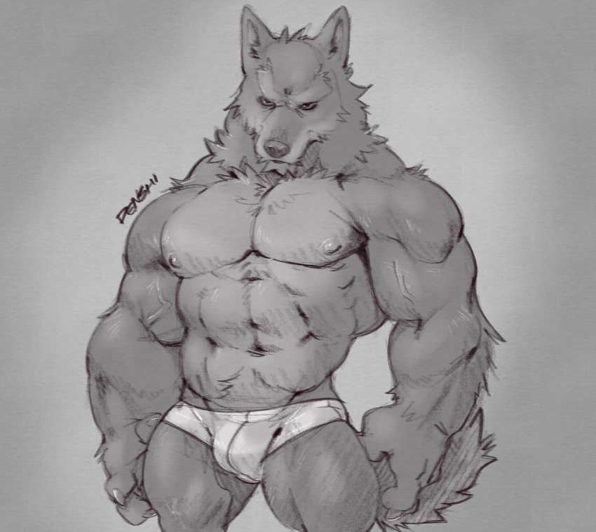 2022 abs angry_eyes anthro body_hair bulge canid canine canis cheek_tuft claws clothed clothing digital_drawing_(artwork) digital_media_(artwork) e-w01f facial_tuft front_view frown_eyebrows grey_background happy_trail head_tuft hi_res male mammal monochrome muscular muscular_anthro muscular_arms muscular_male navel nipples pecs portrait signature simple_background sketch solo three-quarter_portrait topless topless_anthro topless_male tuft underwear vein veiny_arms white_clothing white_underwear wolf