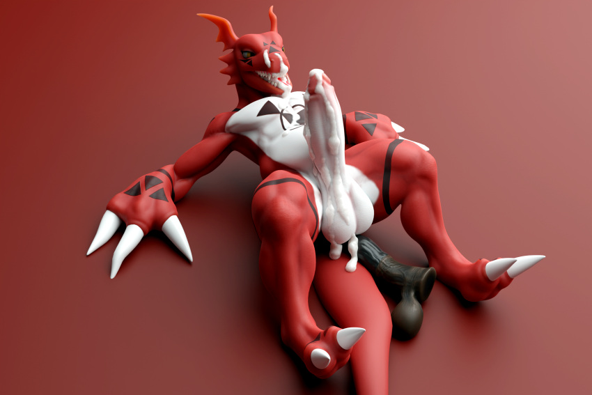 3:2 animal_dildo animal_genitalia animal_penis animal_sex_toy anthro bandai_namco big_penis blender_(software) blender_cycles bodily_fluids cum cum_in_mouth cum_inside digimon digimon_(species) digital_media_(artwork) dildo equine_dildo equine_genitalia equine_penis genital_fluids genitals guilmon hi_res lying male on_back orcinusart penis propped_up sex_toy solo solo_focus spread_legs spreading