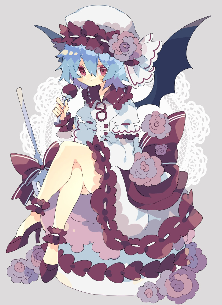1girl bat_wings black_wings blush_stickers bow bowtie buttons cake chewing collar collared_dress colored_eyelashes commentary_request crossed_legs dress dress_bow dress_flower eating flower food fork frilled_collar frilled_dress frilled_hat frills full_body grey_background hand_on_lap hat hat_flower hat_ribbon high_heels highres holding holding_fork lace layered_sleeves long_dress long_sleeves looking_at_viewer mob_cap nikorashi-ka pink_flower pink_rose puffy_long_sleeves puffy_short_sleeves puffy_sleeves red_bow red_bowtie red_collar red_eyes red_footwear remilia_scarlet ribbon ribbon-trimmed_collar ribbon-trimmed_headwear ribbon_trim rose short_over_long_sleeves short_sleeves sitting solo touhou white_dress white_headwear white_ribbon wings