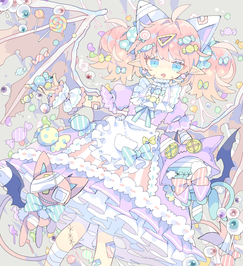 1girl animal_ears apron blue_eyes candy cat_ears demon_tail demon_wings dress drooling eyeball feet_out_of_frame food food-themed_hair_ornament frilled_apron frilled_dress frills grey_background hair_ornament hairclip highres long_hair mouth_drool nikorashi-ka open_mouth original pink_hair pointy_ears purple_dress sharp_teeth short_sleeves simple_background solo tail teeth two_side_up waist_apron white_apron wings wrist_cuffs
