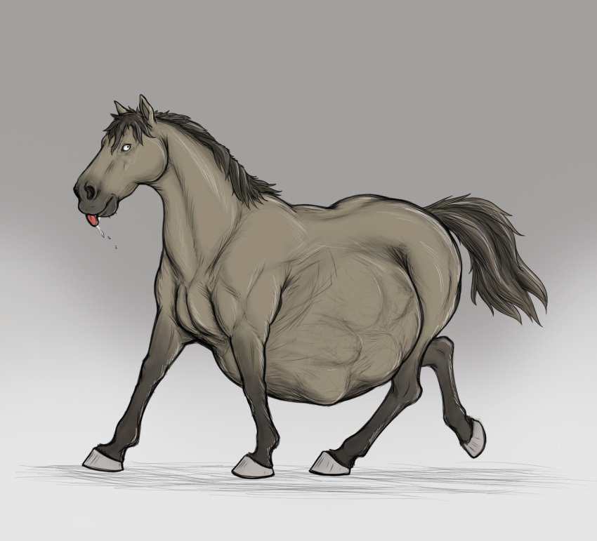 abdominal_bulge after_vore ambiguous_gender belly big_belly bodily_fluids brown_body brown_fur equid equine feral feral_pred fur guide_lines hi_res horse looking_at_viewer mammal saliva simple_background thatgryphonguy tongue tongue_out vore