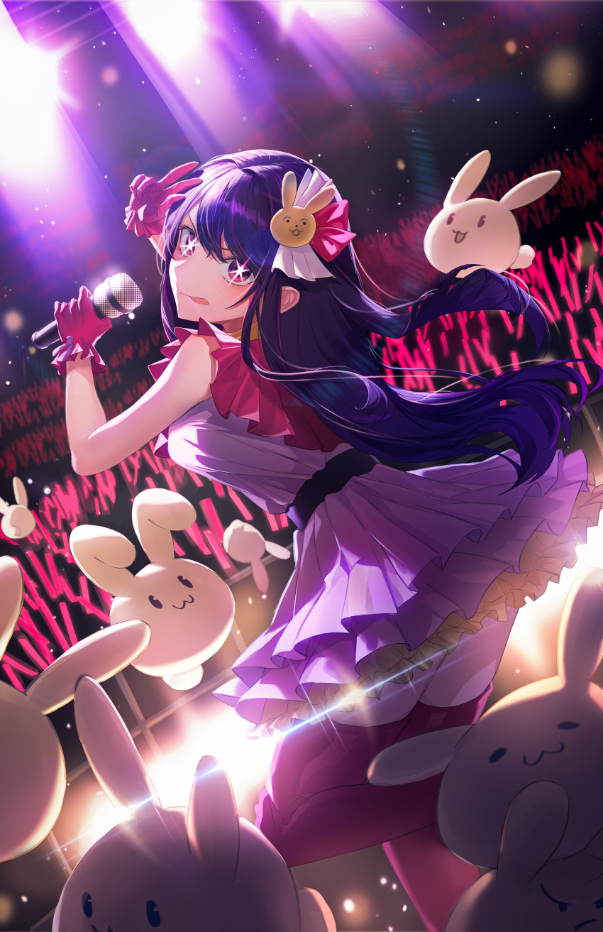 1girl absurdres belt black_belt boots closed_mouth commentary dress dutch_angle frilled_dress frilled_gloves frills gloves glowstick hair_between_eyes hair_ornament highres holding holding_microphone hoshino_ai_(oshi_no_ko) idol idol_clothes jun9 light_particles long_hair looking_at_viewer looking_to_the_side microphone oshi_no_ko pink_dress pink_gloves purple_eyes purple_hair rabbit rabbit_hair_ornament sidelocks solo sparkle stage_lights star-shaped_pupils star_(symbol) swept_bangs symbol-shaped_pupils thigh_boots tongue w zettai_ryouiki