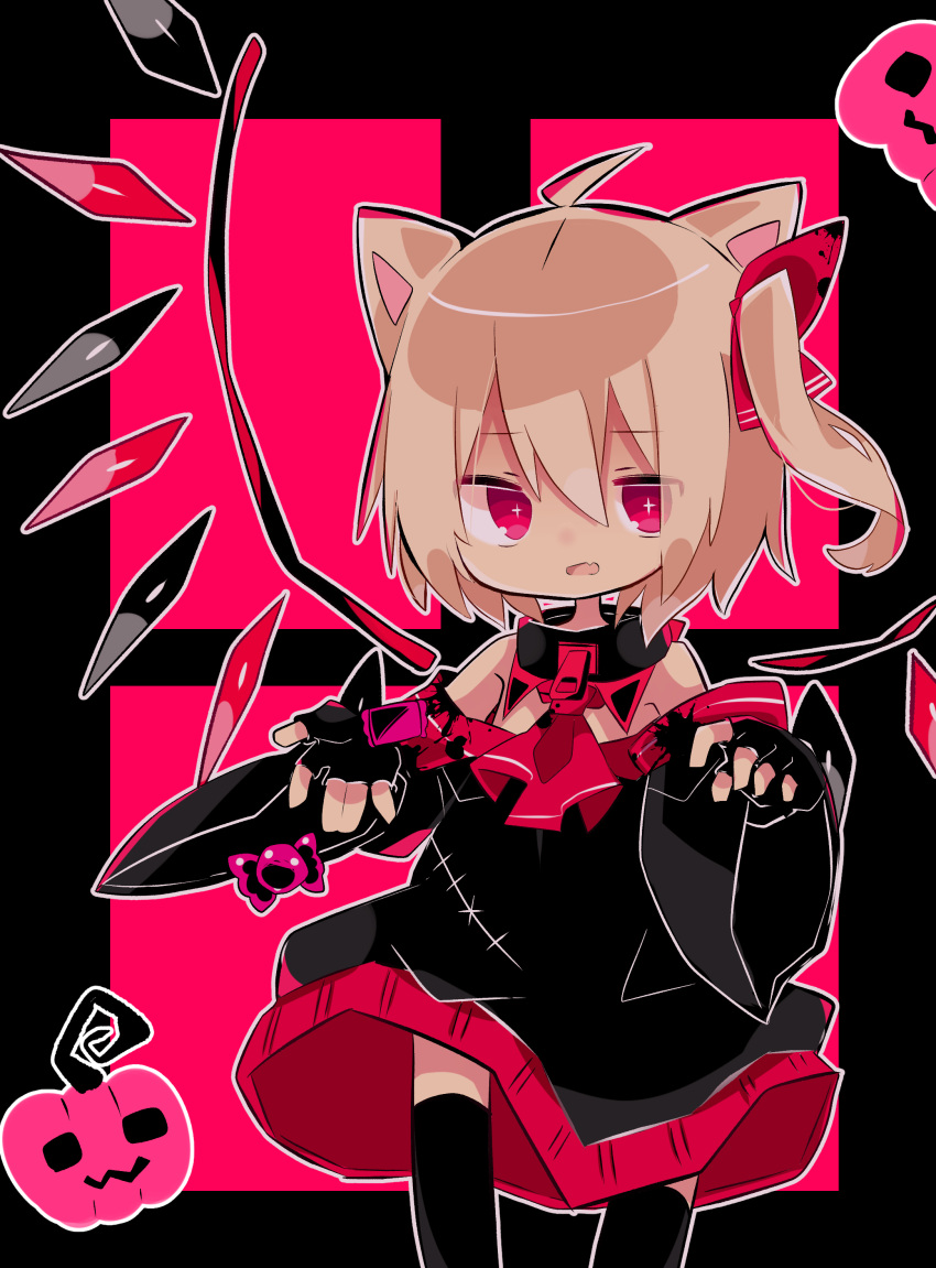 1girl absurdres alternate_costume animal_ears ascot bare_shoulders black_dress black_gloves black_sleeves black_thighhighs blonde_hair candy candy_wrapper cat_ears dark_background detached_sleeves dress fang feet_out_of_frame fingerless_gloves flandre_scarlet food gloves hair_between_eyes halloween halloween_costume highres limited_palette looking_at_viewer medium_hair multicolored_wings no_headwear one_side_up open_mouth pink_ascot pink_background pink_eyes pumpkin skin_fang solo soru_(remonntteumai) thighhighs touhou wide_sleeves wings
