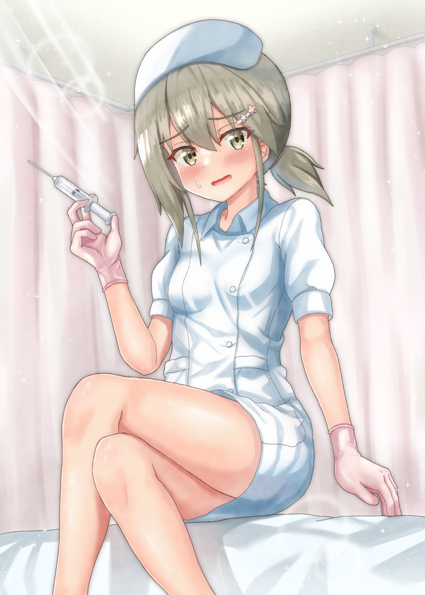 1girl absurdres bed bed_sheet blush brown_eyes brown_hair crossed_legs curtains dress feet_out_of_frame flower folded_ponytail gloves hair_between_eyes hair_flower hair_ornament hairclip hat highres holding holding_syringe hospital_bed indoors injection looking_at_viewer low_ponytail masamune_mino minowa_gin nurse nurse_cap on_bed open_mouth ponytail short_sleeves sitting solo syringe thermometer washio_sumi_wa_yuusha_de_aru white_gloves window yuusha_de_aru
