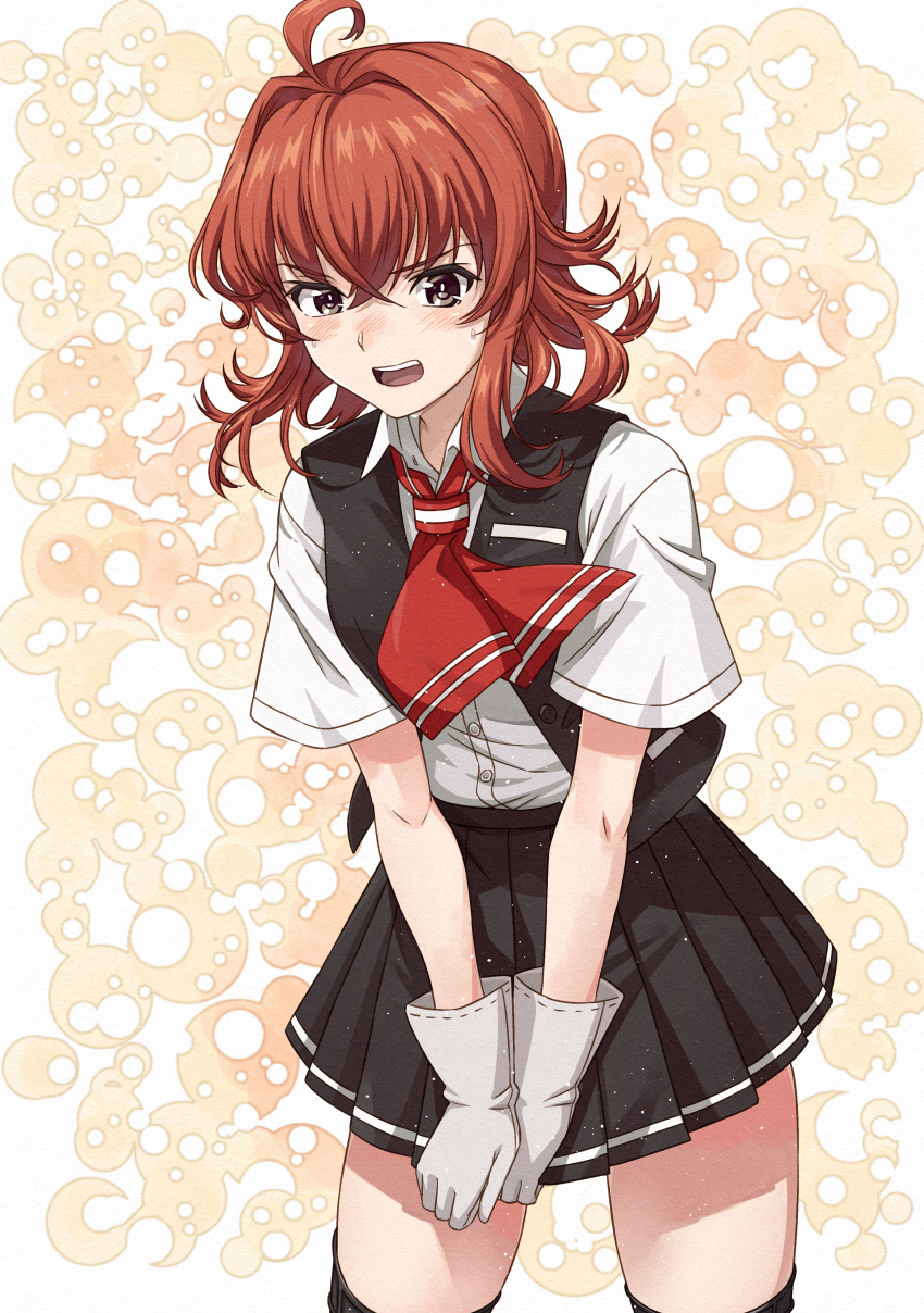 1girl absurdres ahoge arashi_(kancolle) ascot black_skirt black_vest blush commission crossed_bangs gloves grey_eyes hair_between_eyes highres kanmiya_shinobu kantai_collection medium_hair open_mouth pleated_skirt red_ascot red_hair school_uniform shirt short_sleeves simple_background skeb_commission skirt solo sweat vest white_gloves white_shirt