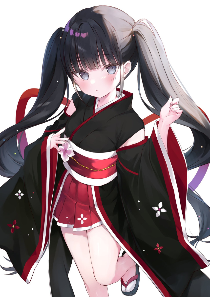 1girl black_hair blunt_bangs blush breasts clothing_request commentary_request commission detached_sleeves grey_eyes hakua_aa hand_up highres japanese_clothes kimono long_hair long_sleeves looking_at_viewer medium_breasts multiple_sources original sidelocks skeb_commission solo standing standing_on_one_leg twintails very_long_hair wide_sleeves