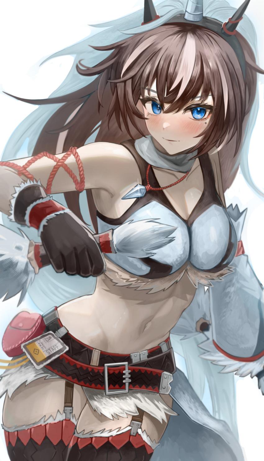 1girl absurdres arknights belt_pouch bikini bikini_top_only black_gloves black_thighhighs blue_eyes blush breasts brown_hair cleavage closed_mouth commentary cowboy_shot crop_top detached_sleeves dual_wielding eabiasan fake_horns fur-trimmed_bikini fur-trimmed_gloves fur-trimmed_sleeves fur-trimmed_thighhighs fur_trim garter_straps glint gloves hair_between_eyes highres holding holding_weapon horns id_card jewelry kirin_(armor) kirin_r_yato_(arknights) large_breasts long_hair looking_at_viewer mane microskirt mole mole_under_eye monster_hunter_(series) multicolored_hair navel necklace pendant pouch reverse_grip rope simple_background single_detached_sleeve skirt smile solo standing stomach streaked_hair swimsuit thighhighs two-tone_hair weapon white_background white_bikini white_hair yato_(arknights)