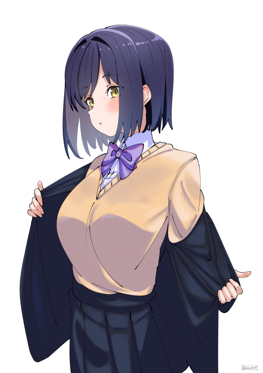 1girl absurdres black_jacket black_skirt blush bow bowtie breasts collared_shirt highres hizikit jacket long_sleeves looking_at_viewer medium_breasts nijisanji parted_lips purple_bow purple_bowtie purple_hair shirt shizuka_rin shizuka_rin_(1st_costume) short_hair sidelocks simple_background skirt solo sweater sweater_tucked_in sweater_vest twitter_username undressing upper_body virtual_youtuber white_background yellow_eyes yellow_sweater