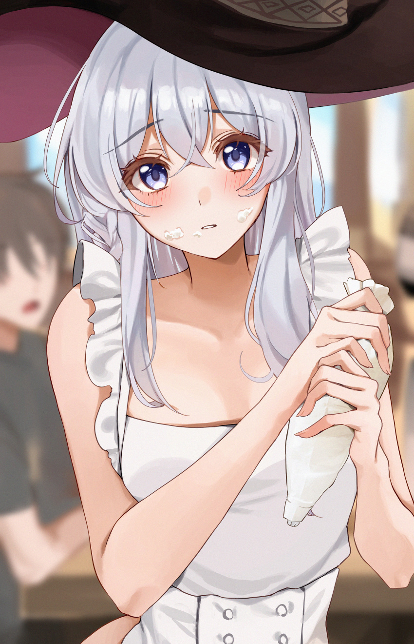 1boy 1girl absurdres amyu_(amm_asl_pa) apron black_headwear blue_eyes blurry blurry_background blush brown_hair crossed_bangs depth_of_field elaina_(majo_no_tabitabi) food food_on_face hair_between_eyes hands_up hat highres holding long_hair looking_at_viewer maid majo_no_tabitabi naked_apron pastry_bag solo_focus upper_body white_apron white_hair witch_hat