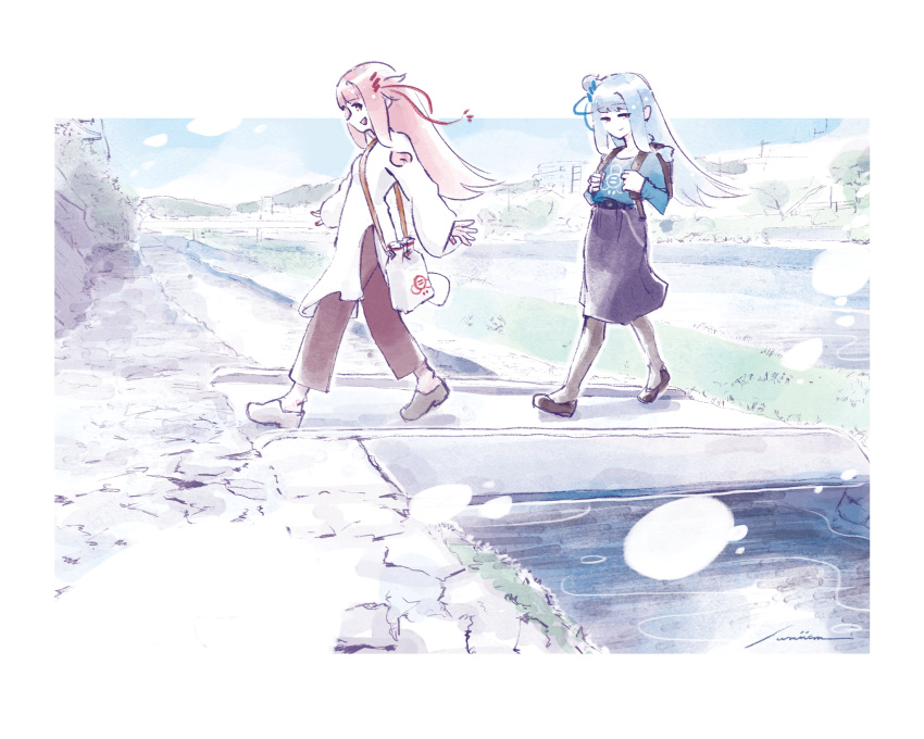 2girls alternate_costume backpack bag black_skirt blue_hair blue_ribbon blue_shirt border bridge casual city closed_mouth commentary_request day flats floating_hair from_side full_body hair_ribbon half-closed_eyes highres holding_strap kotonoha_akane kotonoha_aoi long_hair long_skirt long_sleeves looking_at_another looking_away looking_back multiple_girls one_side_up open_mouth outdoors outside_border outstretched_arms painting_(medium) pants pink_hair profile red_eyes red_ribbon ribbon river shirt shirt_tucked_in shoes shoulder_bag siblings sidelocks signature sisters skirt smile spread_arms stream sumiism traditional_media voiceroid walking watercolor_(medium) white_border white_shirt