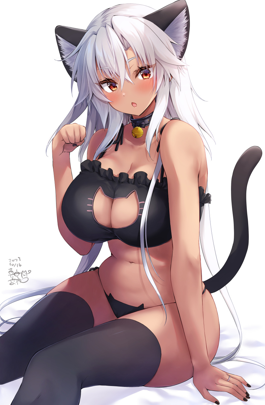 1girl absurdres animal_ears artist_name bell black_bra black_nails black_panties black_thighhighs blush bra breasts cat_cutout cat_ears cat_tail cleavage clothing_cutout dark-skinned_female dark_skin dated fingernails grey_hair hair_between_eyes highres jewelry jingle_bell kantai_collection large_breasts long_hair mashiro_yukiya musashi_(kancolle) nail_polish open_mouth panties red_eyes ring signature solo tail thighhighs underwear wedding_ring