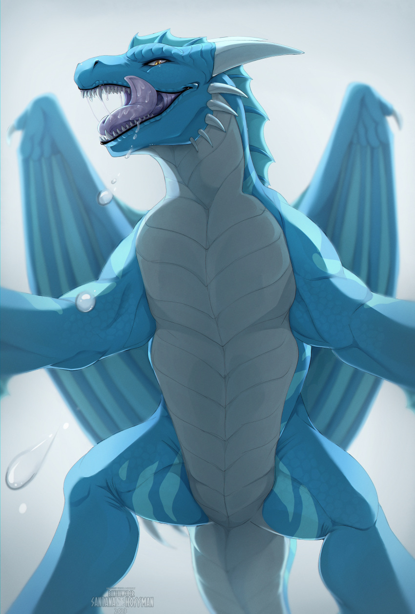 absurd_res ambiguous_gender blue_body blue_frill blue_scales blue_wings bodily_fluids cheek_spikes dragon drooling facial_spikes fangs featureless_crotch feral frill_(anatomy) glistening glistening_eyes head_crest head_frill hi_res horn licking licking_lips licking_own_lips looking_at_viewer membrane_(anatomy) membranous_wings narrowed_eyes open_mouth purple_tongue saliva santanahoffman scales scalie simple_background solo spikes spikes_(anatomy) teeth tongue tongue_out white_background white_body white_horn white_scales wings yellow_eyes