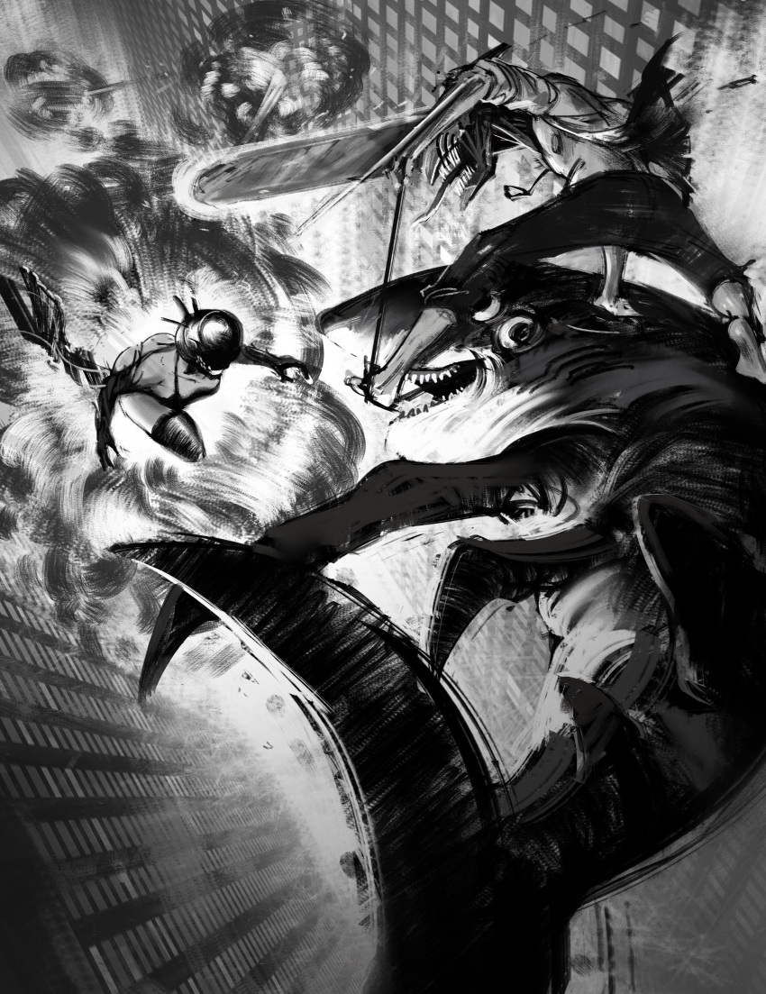 1girl 2boys absurdres barefoot beam_(chainsaw_man) black_gloves black_thighhighs bomb_devil_(chainsaw_man) chainsaw chainsaw_man denji_(chainsaw_man) elbow_gloves explosion extra_eyes facing_another gloves greyscale highres kntrkmd0224 looking_at_another midair monochrome multiple_boys open_mouth reze_(chainsaw_man) shark sharp_teeth shirt teeth thighhighs tongue tongue_out torn_clothes white_shirt