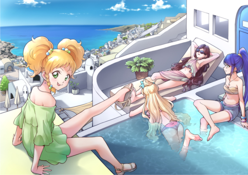 4girls :p afloat aikatsu!_(series) aikatsu_stars! arm_pillow arm_support armpits arms_at_sides arms_behind_head ass barefoot bikini bikini_shorts blonde_hair blue_hair blue_sky blush bow bracelet braid breasts brown_hair city cityscape cloud day earrings foot_dangle greece green_eyes hair_bobbles hair_bow hair_ornament halterneck highres horizon jewelry kasumi_yozora kisaragi_tsubasa long_hair looking_at_viewer looking_away lying multicolored_hair multiple_girls necklace nikaidou_yuzu ocean ogry_ching on_back outdoors outstretched_leg partially_submerged plant plantar_flexion ponytail pool potted_plant purple_hair reclining sandals santorini_(greece) scenery shiratori_hime shoe_dangle shorts side_braid single_braid sitting sky smile soaking_feet soles strapless strapless_bikini summer sunbathing sunglasses swimsuit tongue tongue_out topknot twintails very_long_hair water wavy_hair yellow_eyes