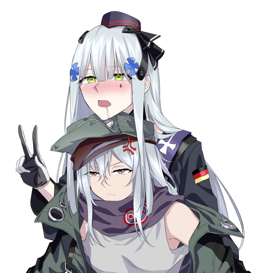 2girls absurdres anger_vein black_jacket blue_headwear blunt_bangs blush brown_eyes commentary commission cross_hair_ornament drooling drunk english_commentary facial_mark g11_(girls'_frontline) german_flag girls'_frontline green_eyes green_headwear green_jacket grey_hair grey_tank_top hair_between_eyes hair_ornament head_on_head head_rest highres hk416_(girls'_frontline) jacket long_hair long_sleeves multiple_girls open_mouth simple_background suprii tank_top two-tone_gloves v white_background white_hair