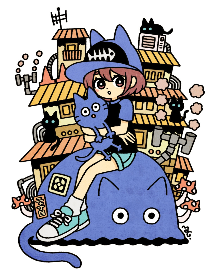 1girl :o air_conditioner animal_hat aqua_footwear aqua_shorts baseball_cap black_cat black_shirt blue_cat blue_headwear blue_sleeves blush_stickers bright_pupils brown_eyes brown_hair building cat cat_hat chimney commentary_request dot_nose fish_bone_print fly_agaric full_body garouma hat highres hug looking_at_viewer loose_socks medium_hair mushroom original outdoor_unit parted_lips print_headwear radio_antenna raglan_sleeves shirt shoes short_shorts short_sleeves shorts signature simple_background sitting smoke sneakers socks solo t-shirt translation_request white_background white_pupils white_socks