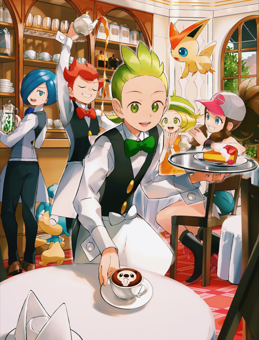 2girls 3boys :d apron arm_up baseball_cap beret bianca_(pokemon) black_footwear black_pants black_vest black_wristband blonde_hair blue_bow blue_bowtie blue_hair boots bow bowtie brothers brown_hair chair chili_(pokemon) cilan_(pokemon) closed_eyes commentary_request cress_(pokemon) cup dessert food green_bow green_bowtie green_eyes green_hair green_headwear green_shorts grin hands_up hat highres hilda_(pokemon) holding holding_saucer holding_teapot indoors long_sleeves looking_back multiple_boys multiple_girls open_mouth orange_mikan orange_vest panpour pants pokemon pokemon_(creature) pokemon_(game) pokemon_bw pouring red_bow red_bowtie red_hair saucer shirt shoes shorts siblings sidelocks sitting smile standing sweatdrop table teacup teapot teeth tray vest victini waist_apron waiter white_apron white_shirt window