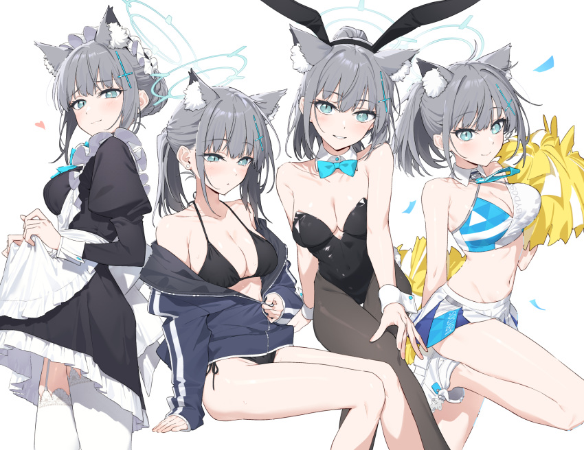 1girl alternate_costume animal_ear_fluff animal_ears apron apron_hold aqua_bow aqua_bowtie arm_support bare_legs bare_shoulders bikini black_bikini black_dress black_jacket black_leotard black_pantyhose blue_archive blush bow bowtie braid braided_bun breasts cleavage collarbone commentary confetti detached_collar dress enmaided extra_ears fake_animal_ears fake_tail feet_out_of_frame frilled_hairband frills garter_straps grey_hair hair_bun hairband halo halterneck hayashi_kewi heart highres holding holding_pom_poms invisible_chair jacket jacket_partially_removed juliet_sleeves leotard long_sleeves looking_at_viewer maid maid_apron medium_breasts millennium_cheerleader_outfit_(blue_archive) miniskirt mismatched_pupils multicolored_hair multiple_views navel pantyhose partially_unzipped playboy_bunny pleated_skirt pom_pom_(cheerleading) ponytail puffy_sleeves rabbit_ears rabbit_tail shiroko_(blue_archive) shoes side-tie_bikini_bottom sidelocks simple_background single_hair_bun sitting skirt smile sneakers sports_bra standing standing_on_one_leg stomach strapless strapless_leotard streaked_hair swimsuit tail thighhighs two-tone_sports_bra white_apron white_background white_garter_straps white_thighhighs wolf_ears wrist_cuffs