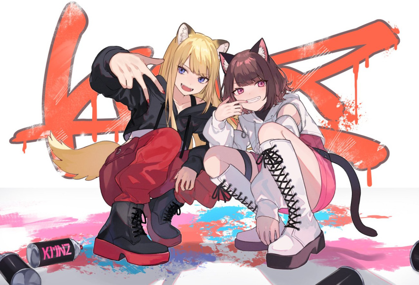 2girls animal_ears black_footwear black_hoodie blonde_hair blue_eyes boots brown_hair cat_ears cat_tail commentary detached_sleeves dog_ears dog_tail full_body grin hood hood_down hoodie kmnz long_hair long_sleeves looking_at_viewer mc_lita mc_liz multiple_girls open_mouth pants pink_eyes red_pants short_hair shugao smile spray_can spray_paint squatting streetwear symbol-only_commentary tail thigh_strap virtual_youtuber white_footwear white_hoodie