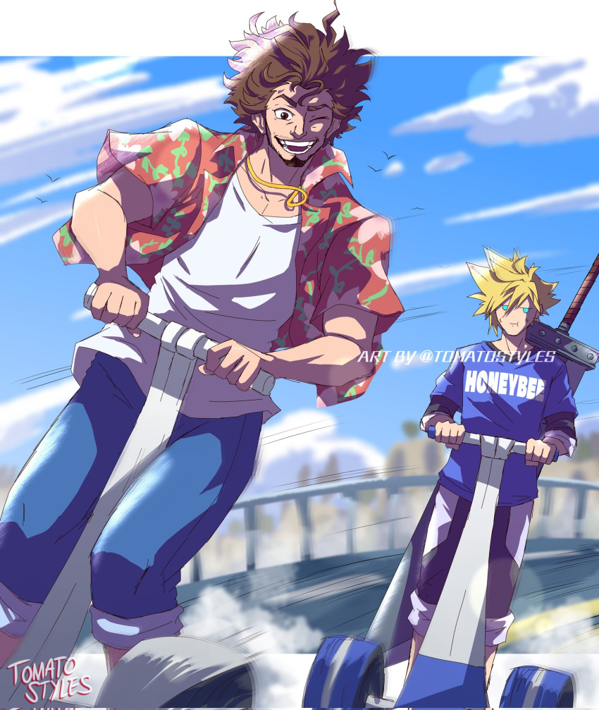 2boys afro annoyed artist_name black_hair blonde_hair blue_eyes blue_pants blue_shirt brown_hair cloud cloud_strife english_commentary facial_hair final_fantasy final_fantasy_vii final_fantasy_vii_remake floral_print hawaiian_shirt hibiscus_print highres jacket kasuga_ichiban looking_at_viewer male_focus multiple_boys one_eye_closed open_mouth outdoors pants racing ryuu_ga_gotoku_(series) ryuu_ga_gotoku_8 segway shirt short_hair smile spiked_hair tomato_styles white_shirt yakuza