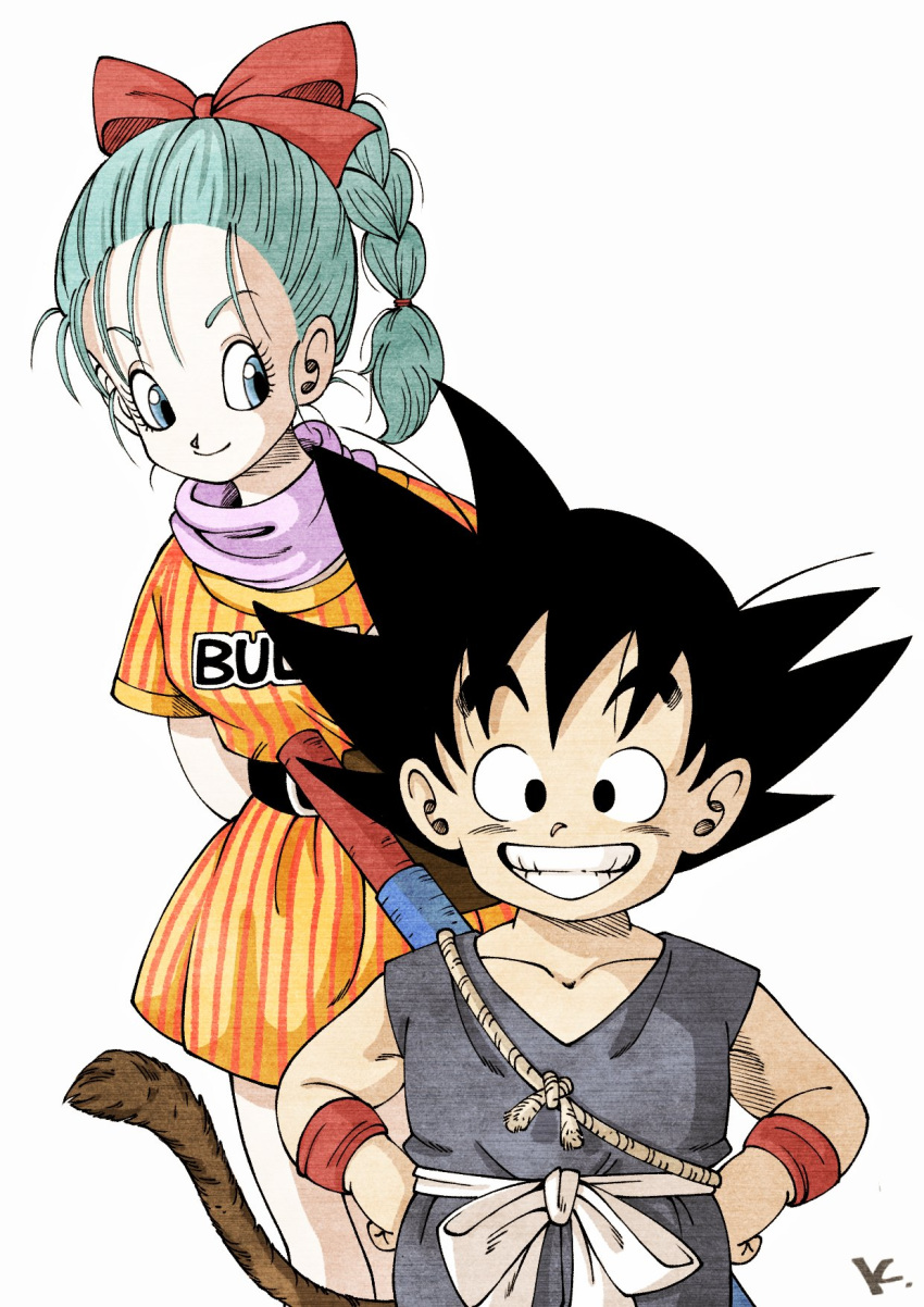 1boy 1girl belt black_belt black_hair blue_eyes blue_hair bow bulma dragon_ball dress grey_shirt grin hair_bow hands_on_own_hips highres kakeru_(dbskakeru) looking_at_viewer orange_dress ponytail purple_scarf red_bow red_wristband scarf shirt simple_background sleeveless smile son_goku spiked_hair striped striped_dress teeth toriyama_akira_(style) upper_body white_background