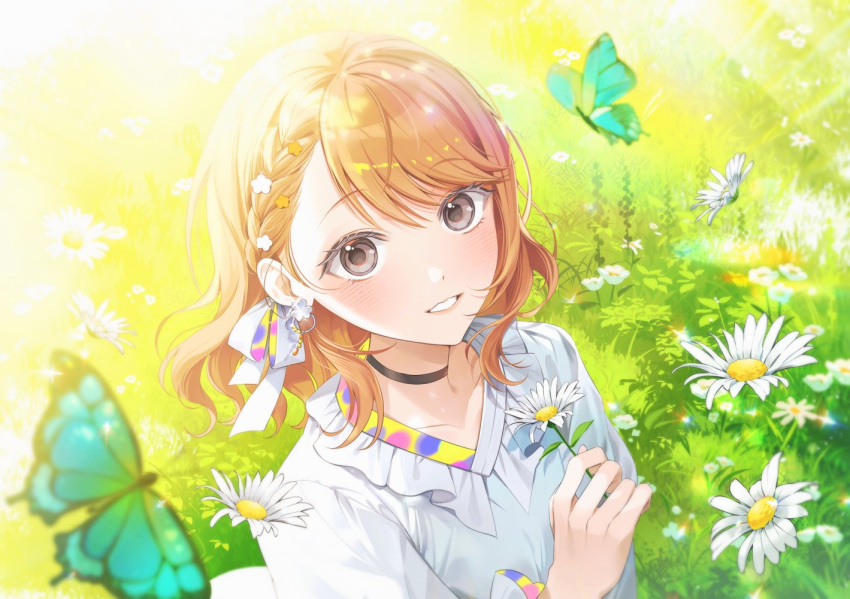 1girl backlighting beads black_choker blurry braid brown_hair bug butterfly choker clover_earrings collarbone daisy depth_of_field dot_nose earrings eyelashes field flower flower_field frilled_shirt_collar frills from_above glint grass green_butterfly grey_eyes hair_behind_ear hair_flower hair_ornament hair_ribbon hanasato_minori hand_up happy hello_good_day!_(project_sekai) holding holding_flower jewelry lens_flare light_blush light_particles long_sleeves looking_at_viewer looking_up medium_hair minori_(faddy) multicolored_ribbon nature official_alternate_costume official_alternate_hairstyle outdoors parted_lips project_sekai ribbon shirt short_braid single_braid smile solo sunlight swept_bangs tareme teeth two-sided_ribbon upper_body wavy_hair white_flower white_ribbon white_shirt