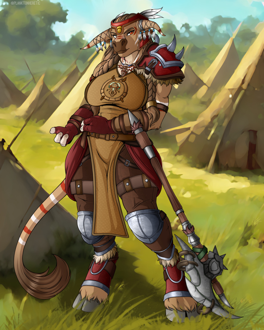 2023 2_horns 3_fingers accessory anthro armor axe battle_axe big_breasts blizzard_entertainment bodypaint bovid bovine braided_hair braided_ponytail breasts brown_body brown_fur brown_hair clothed clothing female fingerless_gloves fingers fur furgonomics gloves grass hair handwear hi_res hooves horn horn_accessory jewelry kaylan_ragehorn knee_pads mammal necklace outside planktonheretic plant ponytail red_clothing red_eyes red_gloves red_handwear solo standing tauren tent warcraft