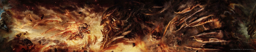 absurdres battle cloud cloudy_sky debris final_fantasy final_fantasy_xvi fire giant glowing glowing_eyes highres horns ifrit_(final_fantasy) key_visual monster official_art promotional_art sky tail titan_(final_fantasy) wide_image