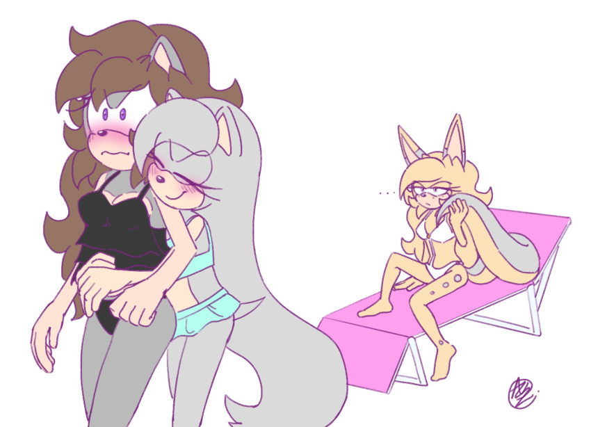 anthro big_ears blush brown_hair embrace eulipotyphlan fan_character female fur grey_body grey_fur group hair hedgehog hi_res hug hugging_from_behind humanoid inno_(innotsu) innotsu linx mammal narcy_(innotsu) sega shy smile sonic_the_hedgehog_(series) surprised_expression trio tsumiki_(innotsu) yellow_body yellow_fur