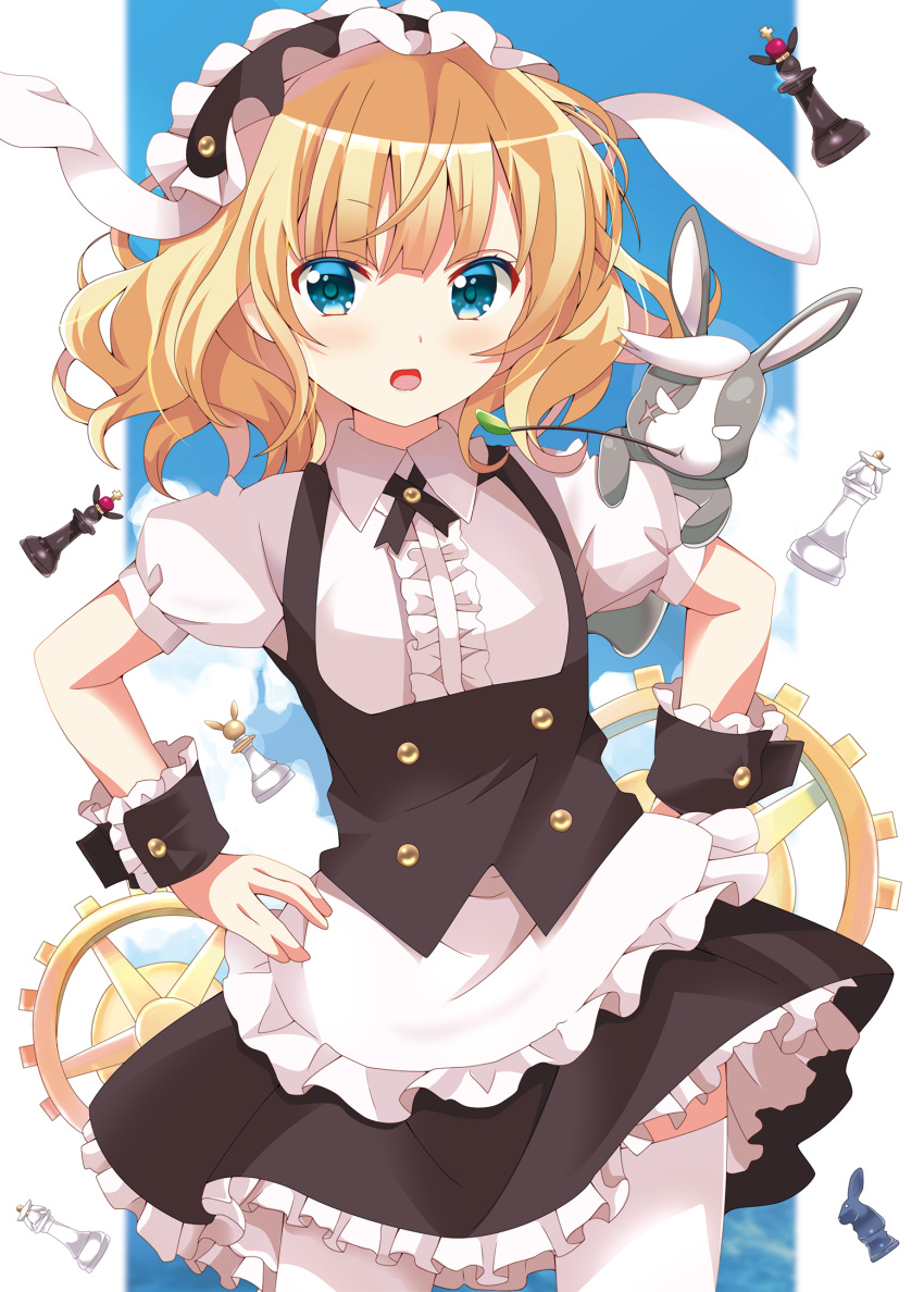 1girl animal_ears apron aqua_eyes blonde_hair blunt_bangs center_frills chess_piece commentary cowboy_shot fake_animal_ears fleur_de_lapin_uniform floppy_ears frilled_hairband frilled_skirt frills gochuumon_wa_usagi_desu_ka? hairband hands_on_own_hips highres kirima_syaro kohakugin lolita_hairband medium_hair puffy_short_sleeves puffy_sleeves rabbit_ears shirt short_sleeves skirt solo thighhighs underbust waist_apron white_apron white_shirt white_thighhighs wild_geese wing_collar wrist_cuffs