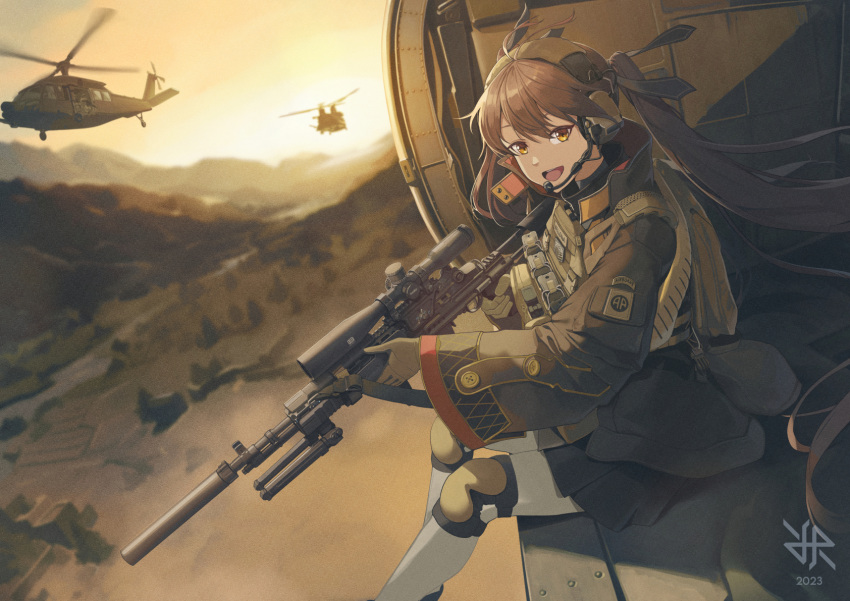 1girl 2023 aircraft battle_rifle black_jacket black_skirt brown_eyes brown_hair bulletproof_vest commentary commission english_commentary girls'_frontline gloves gun headset helicopter highres hiroki_ree holding holding_gun holding_weapon jacket knee_pads long_hair long_sleeves looking_to_the_side m14 m14_(girls'_frontline) m14_(mod3)_(girls'_frontline) open_mouth pleated_skirt rifle scope skirt solo suppressor tactical_clothes twintails weapon wide_sleeves