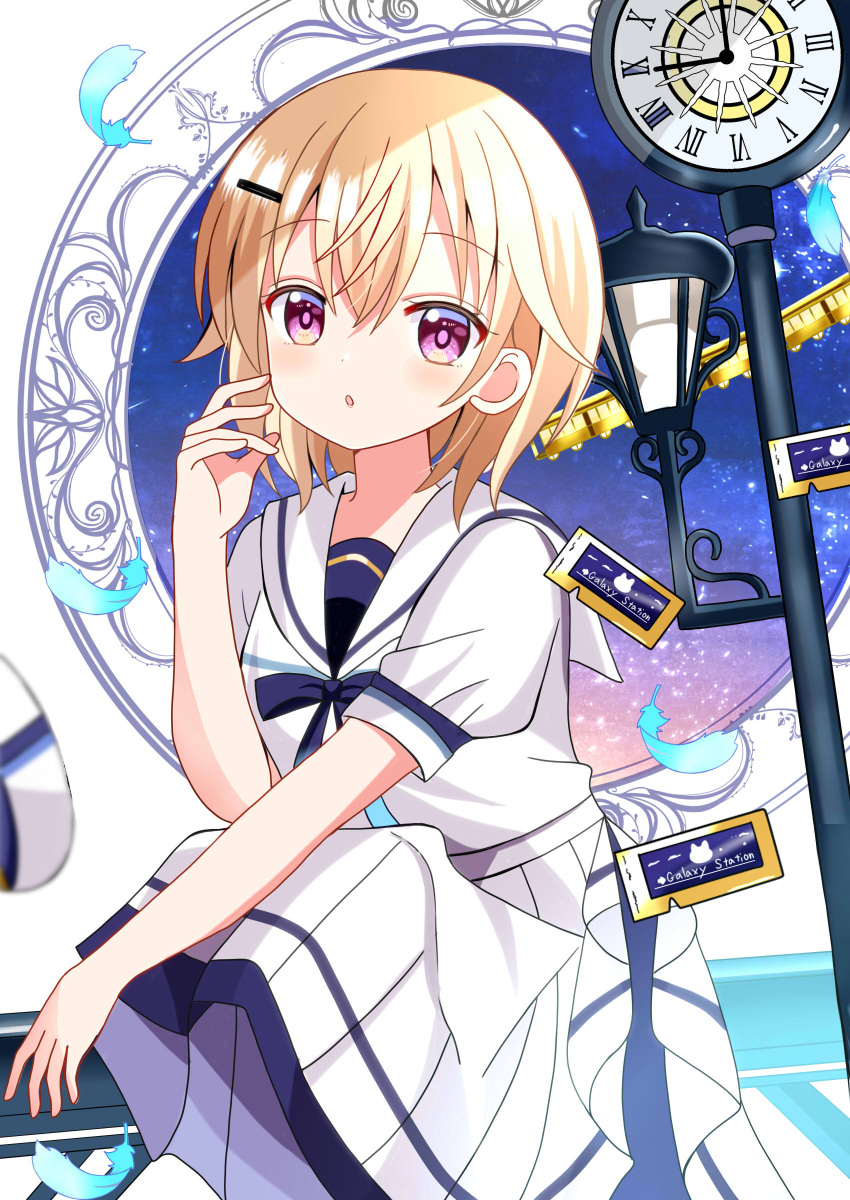 1girl :o absurdres blonde_hair blue_bow blue_feathers bow clock commentary_request feathers gochuumon_wa_usagi_desu_ka? hair_between_eyes hair_ornament hairclip hand_up highres jinja_natsume looking_at_viewer pantyhose parted_lips pleated_skirt puffy_short_sleeves puffy_sleeves purple_eyes purple_pantyhose roman_numeral ryoutan sailor_collar school_uniform serafuku shirt short_sleeves skirt solo squatting ticket train white_sailor_collar white_serafuku white_shirt white_skirt