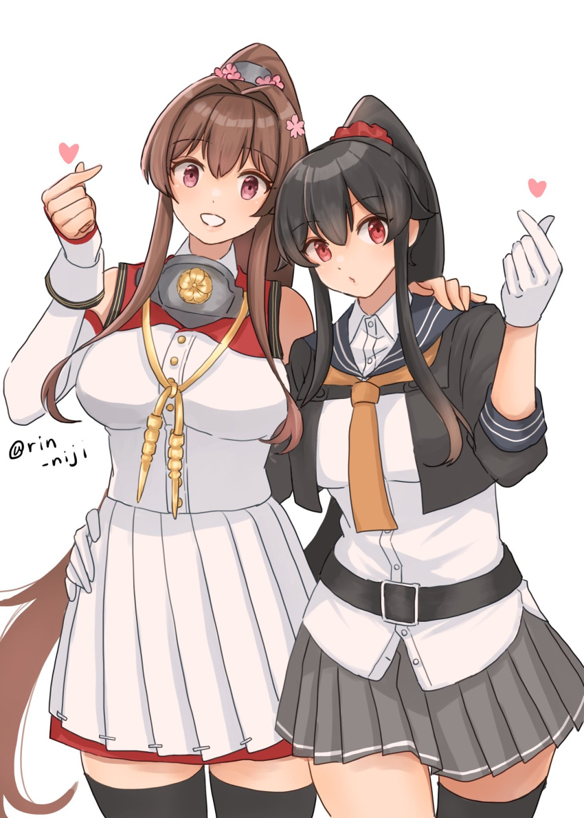2girls black_hair black_thighhighs blue_sailor_collar breasts brown_hair detached_sleeves flower gloves hair_flower hair_ornament hair_scrunchie hand_on_another's_shoulder hand_on_another's_waist heart highres kantai_collection large_breasts long_hair multiple_girls neckerchief orange_neckerchief pink_eyes pink_flower pleated_skirt ponytail red_eyes rin_(rin_niji) sailor_collar scrunchie simple_background single_thighhigh skirt thighhighs twitter_username white_background white_gloves yahagi_(kancolle) yahagi_kai_ni_(kancolle) yamato_(kancolle) yamato_kai_ni_(kancolle)